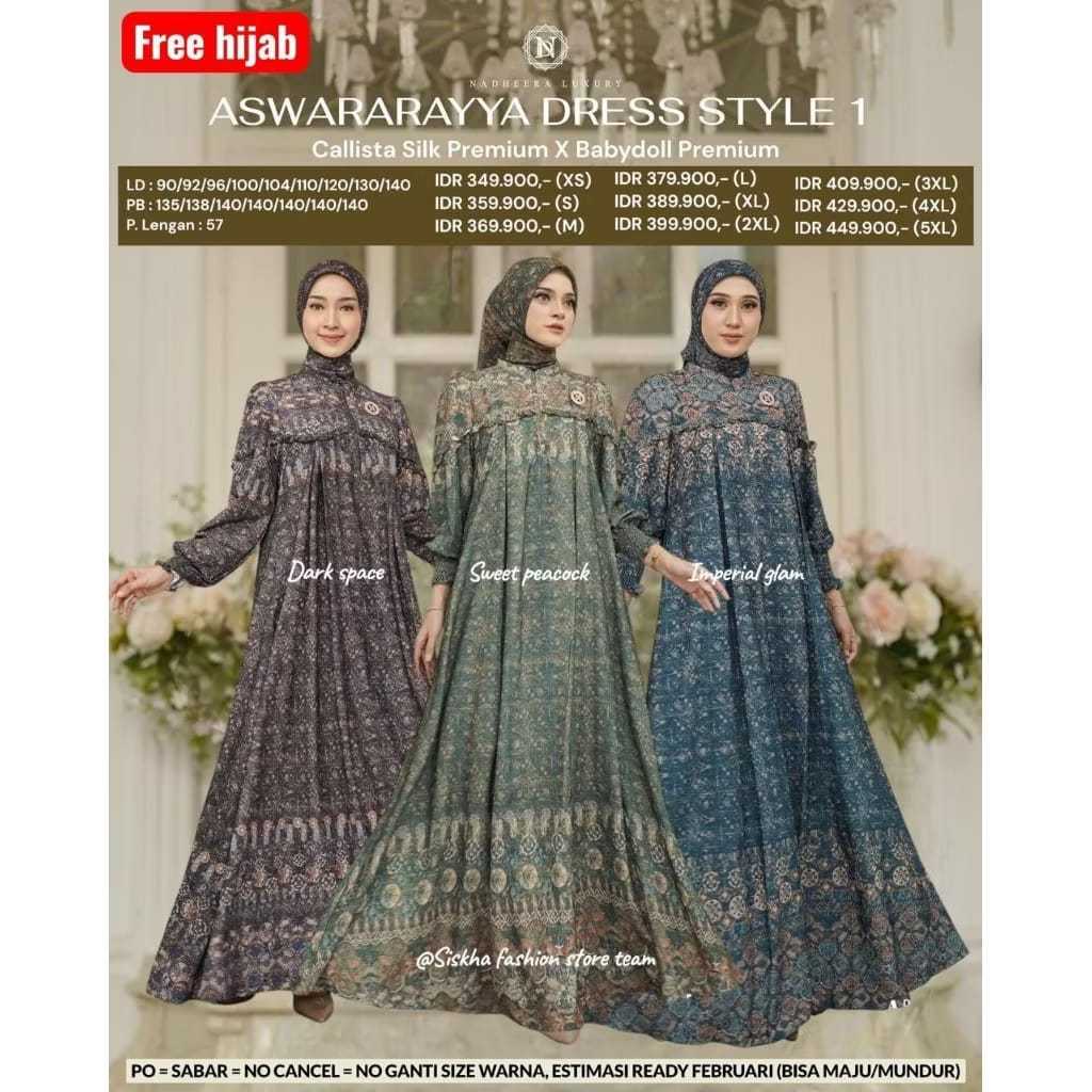 ASWARARAYYA DRESS  DAN MIDI STYLE 1 by Nadheera Luxury Ori Terbaru, Gamis Motif, Gamis Silk babydoll