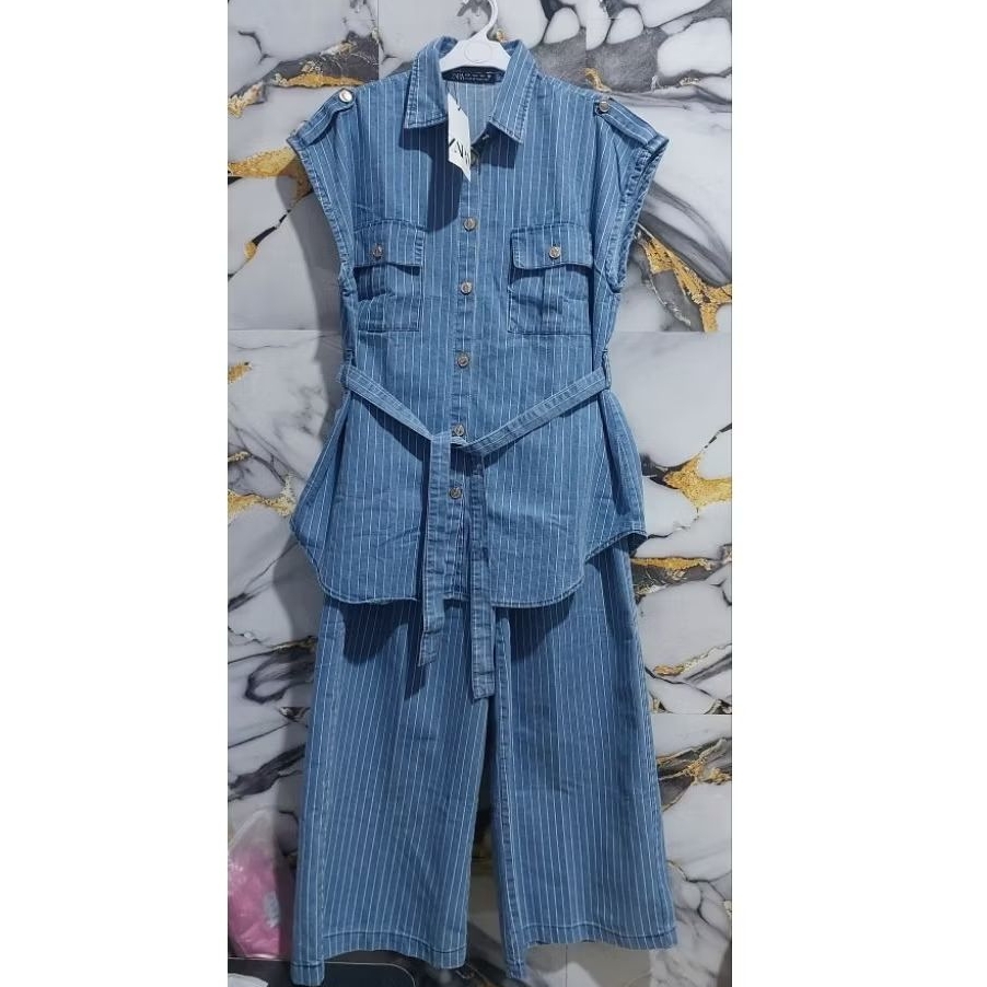 (BARU) ZARA FASHION BKK ONE SET 2 IN 1 VEST DAN CELANA KULOT SALUR DENIM