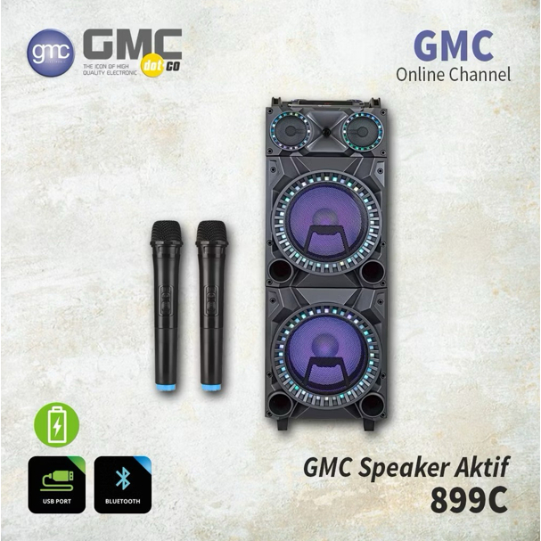 SPEAKER PORTABLE BLUETOOTH KARAOKE GMC 899C 899 C 2x 12inch BONUS 2 MIC WIRELESS AMPLIMEETING SALON