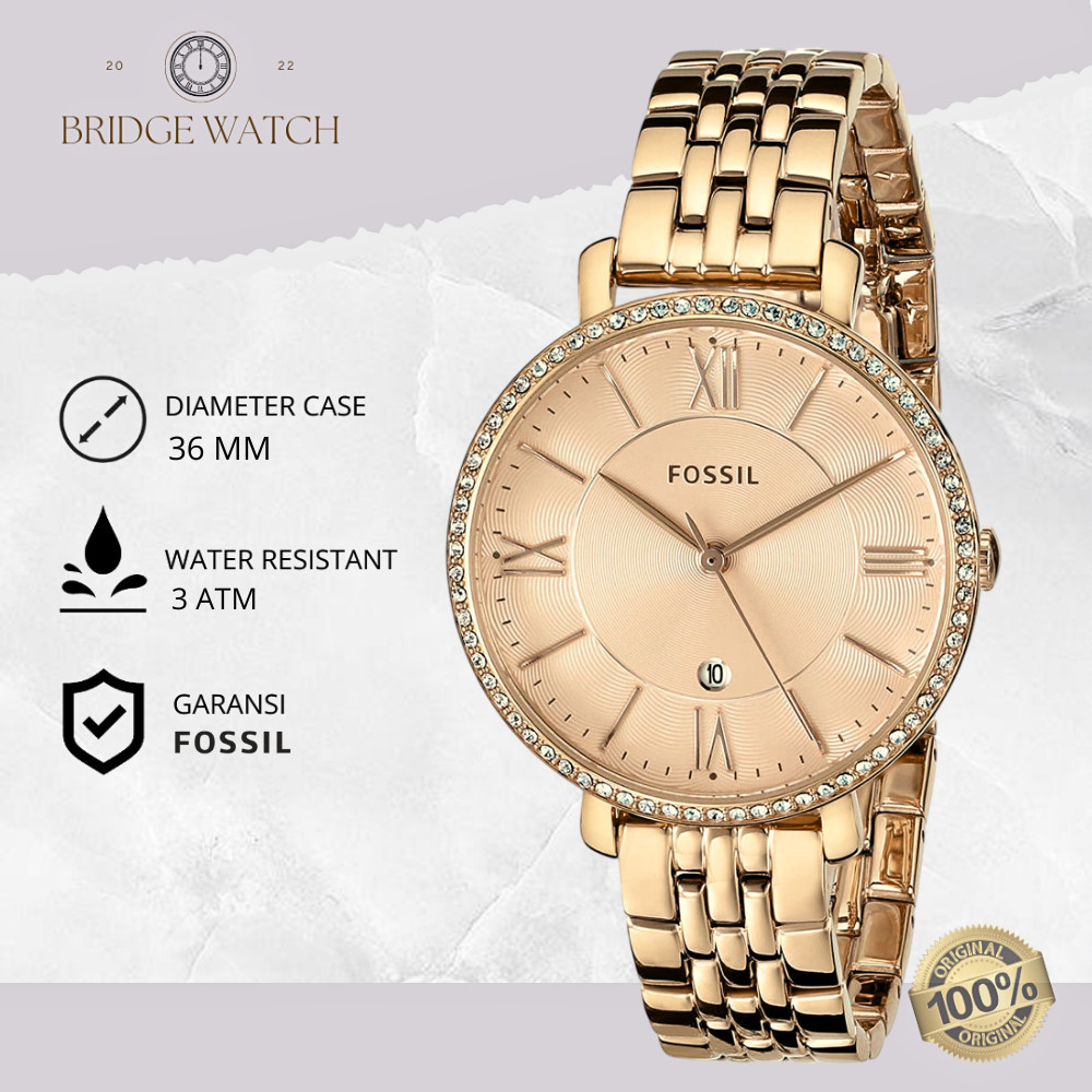Jam Tangan Wanita Fossil ES3632 Jacqueline Rose Gold Stainless Steel Strap Rantai Slim Mewah Origina