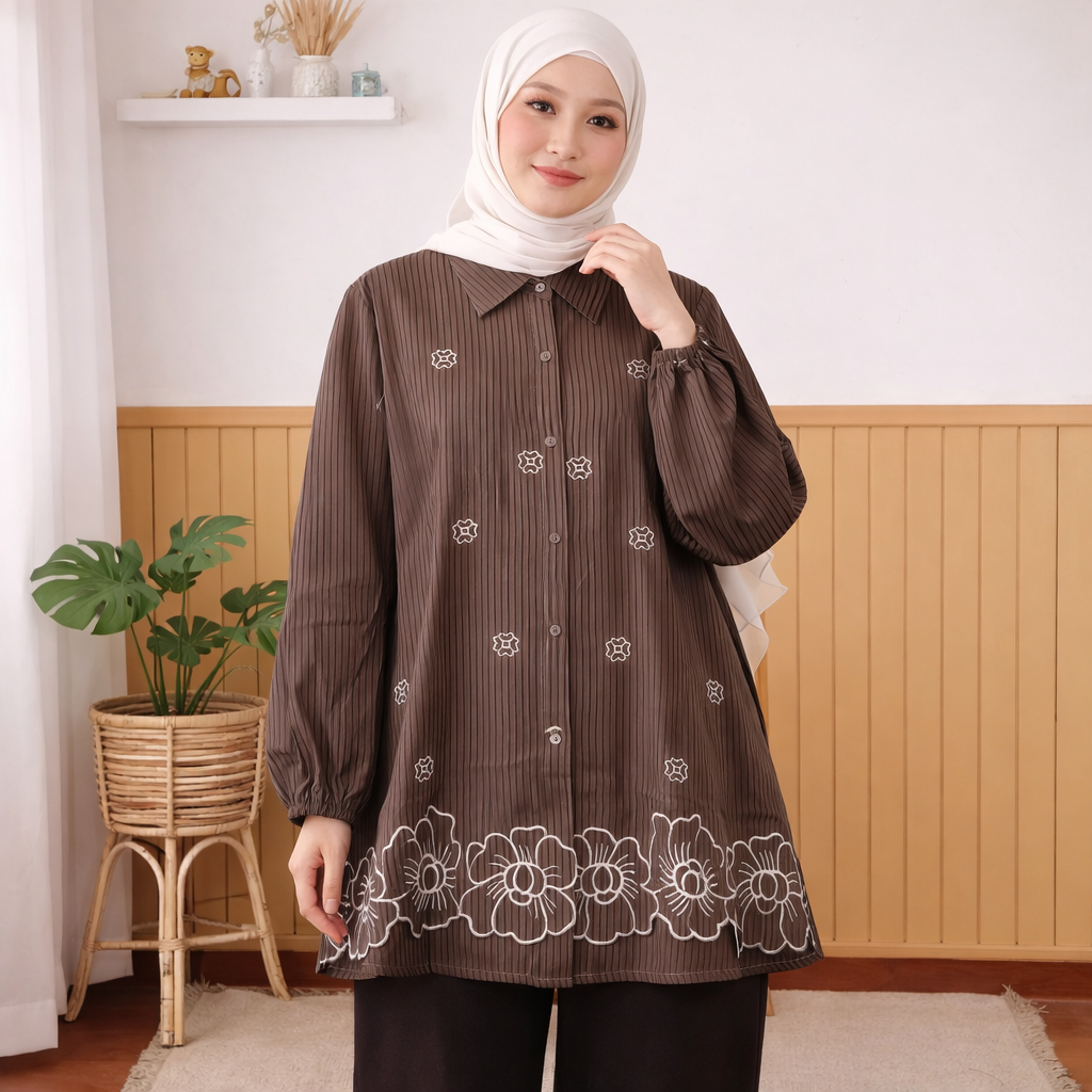 Blouse Wanita Jumbo LD 130 Poplin Salur Bordir Atasan Big Size Mewah Kerja Elegan
