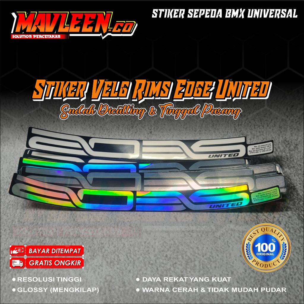 (COD) stiker striping velg Rims sepeda edge united BMX 18 20 glossy lentur anti air isi 2pcs