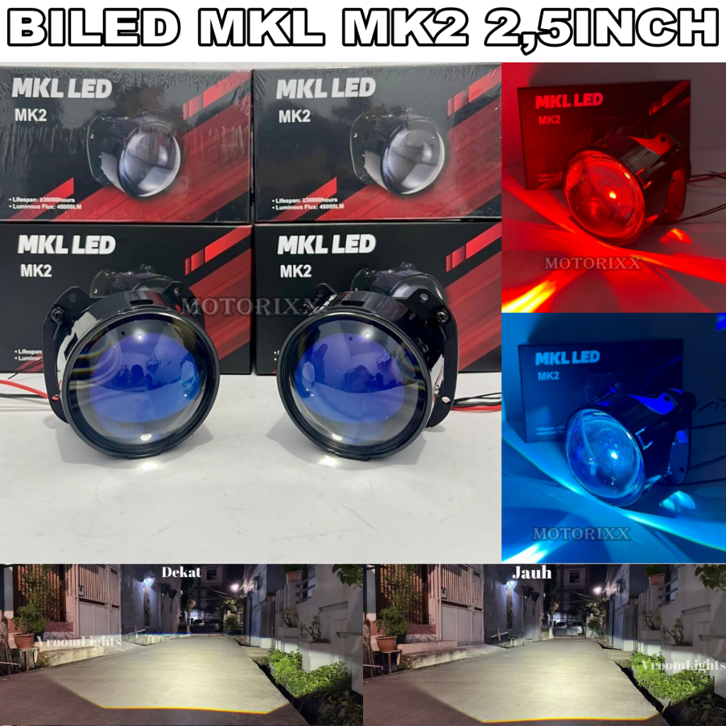 Biled Projector MKL MK2 2,5 inch Bluelens 55 Watt Demon Eyes Kipas Pendingin Mkl Flat Cut off