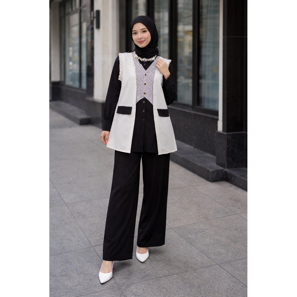 Monika one set celana setelan wanita muslim + jilbab & kalung