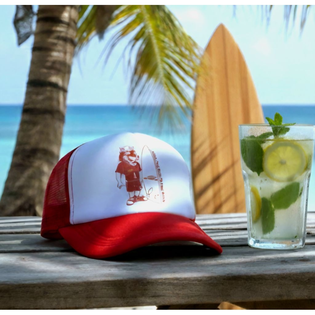 Topi Trucker Logo Serigala Surfing Original Second Warna Putih Merah