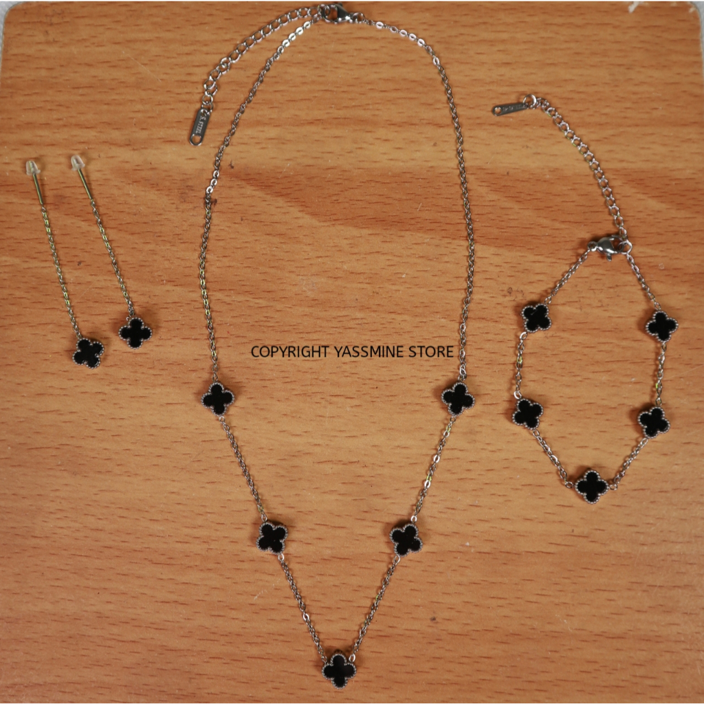 SET PERHIASAN WANITA MOTIF SEMANGGI HITAM ELEGAN | KALUNG GELANG ANTING FASHION KOREA LUXURY