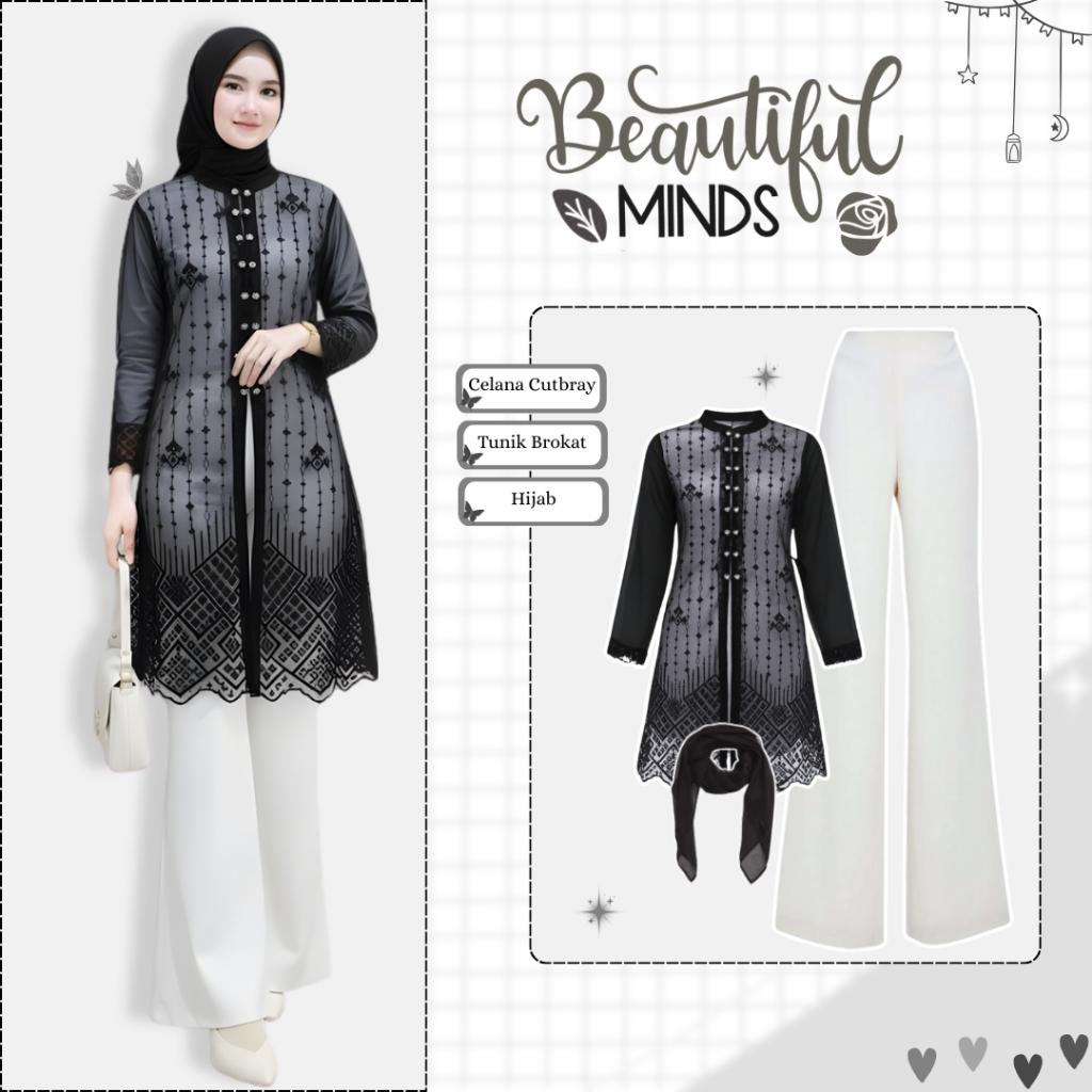 One Set Tunik Brokat Set 3in1 (Celana Cutbray + Tunik Brokat + Hijab) Outfit Wanita Hijab Kekinian -