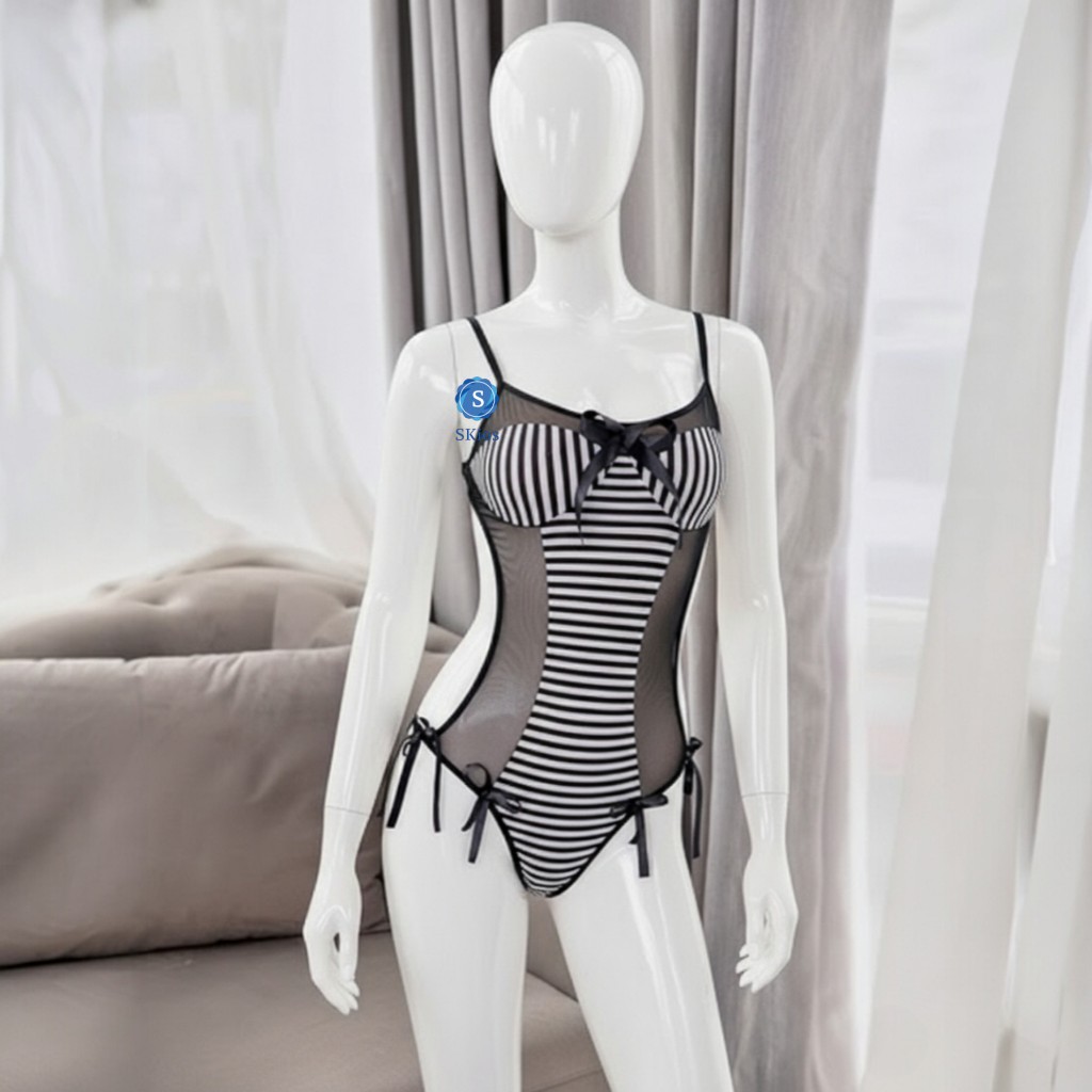 Lingerie Transparan Motif Garis One-piece Swimsuit L310