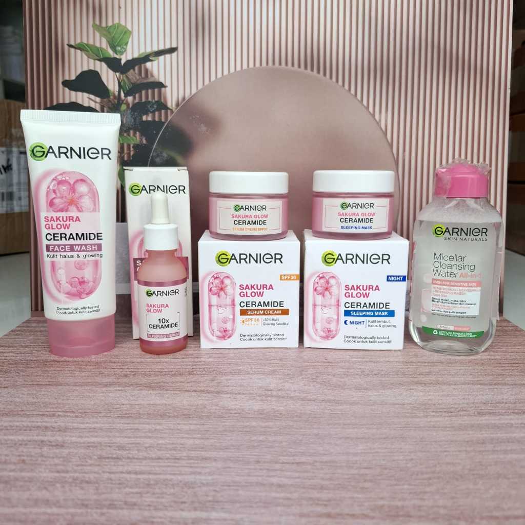 ( NEW ) Paket Komplit 5in1 Skincare Garnier Sakura Glow Skin Barrier Simple Set - Untuk Kulit Glowin