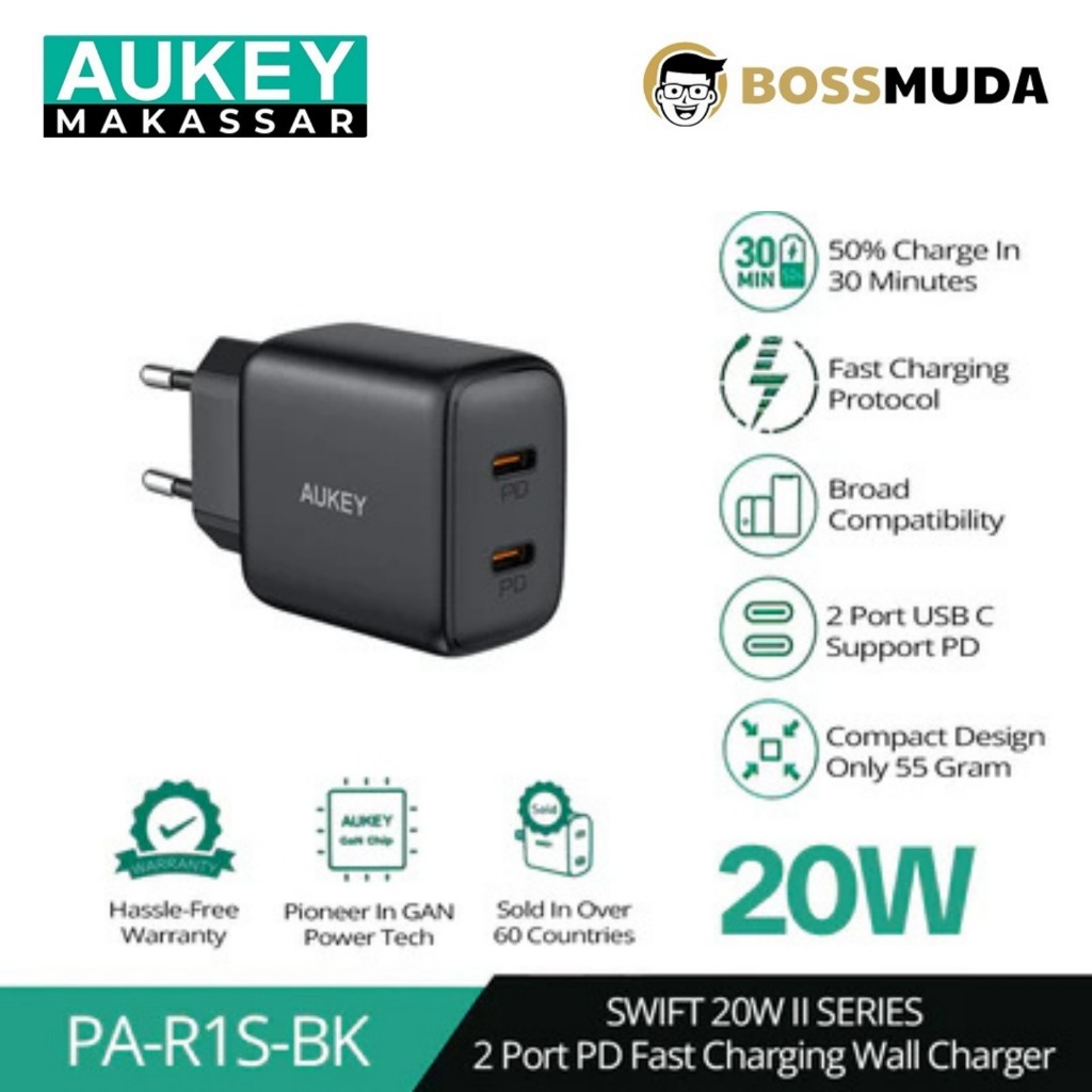 Charger Aukey PA-R1S 20W Dual USB-C PD