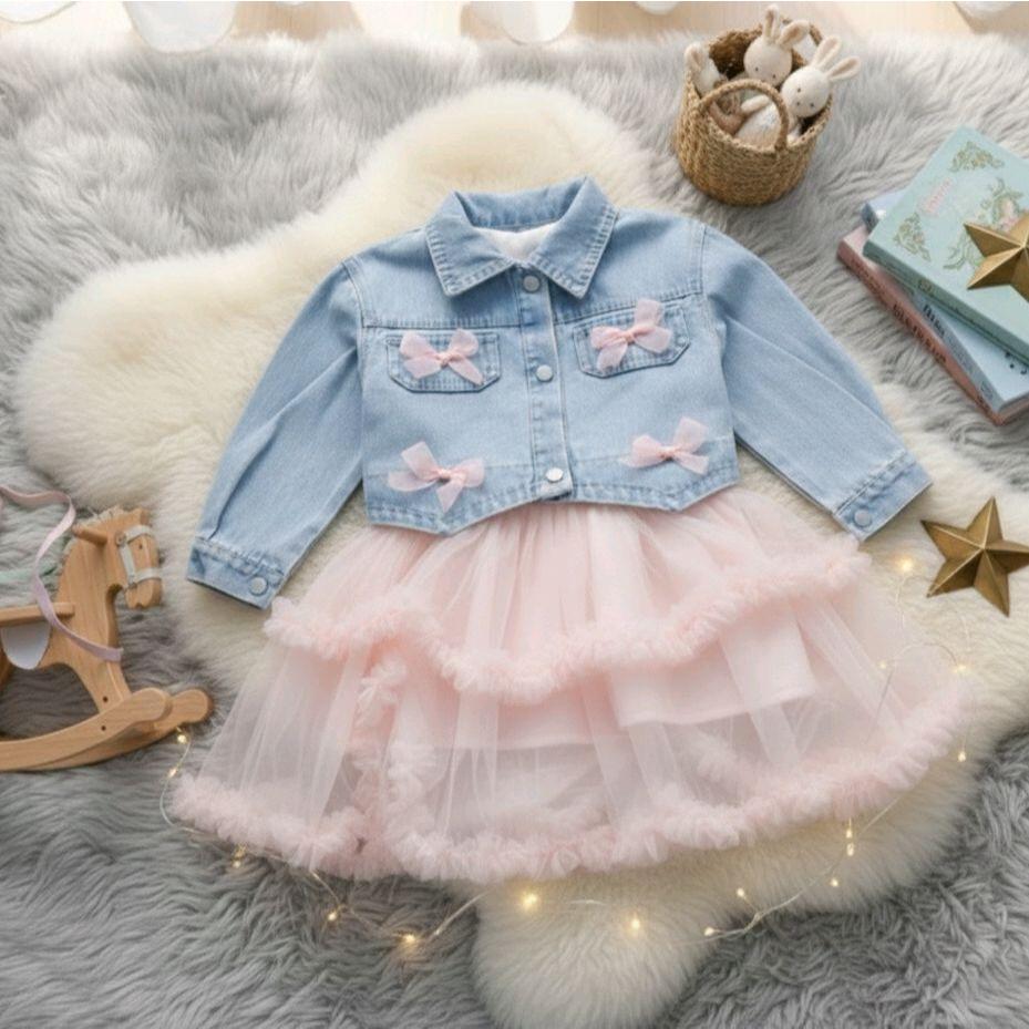 Raveline Kids Fashion - Dress Anak Perempuan Cantik Paris The Rain Bahan Jeans Dan Katun Kombinasi T