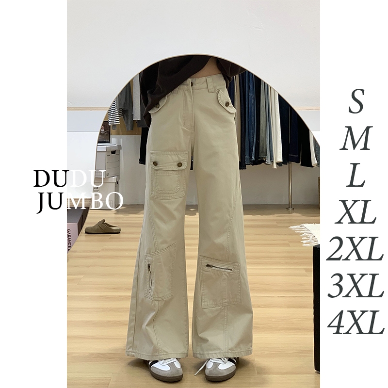 Highwaist  Baggy streetwear cargo pant Apricot - celana wanita kekinian korean style flare pants hig