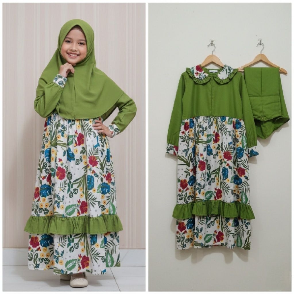 Gamis Anak Motif Bunga-Bunga + Hijab Instan Dan Tanpa Hijab