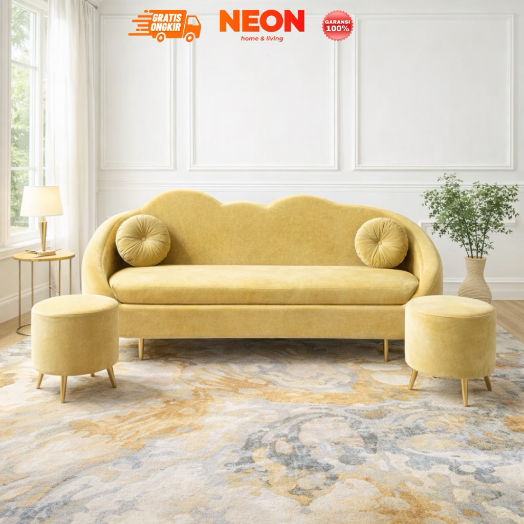 NEON Sofa Mega | Set Sofa 3 Seater dan 2 Stool | Sofa Ruang Tamu Kain Bludru Minimalis