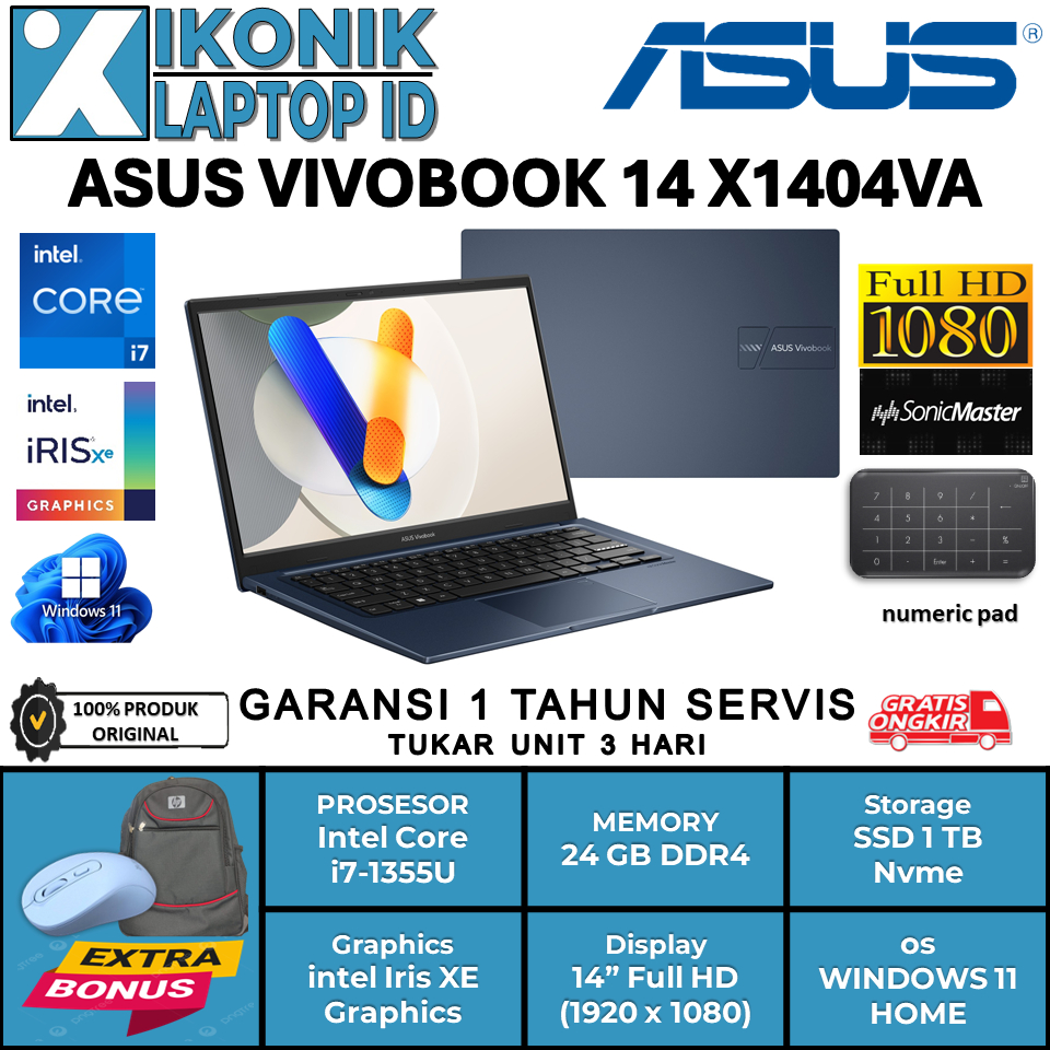 Laptop Ultrabook Tipis Asus Vivobook 14 X1404VA Intel Core i7 1355U Ram 24GB Ssd 1TB Nvme Window ORI