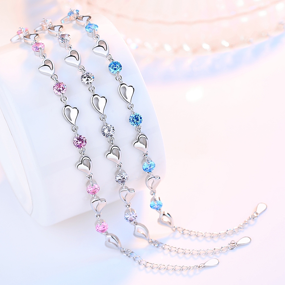 Gelang Tangan Perak Lapis Batu Zirkon Ungu Hati Anti Karat (COD)