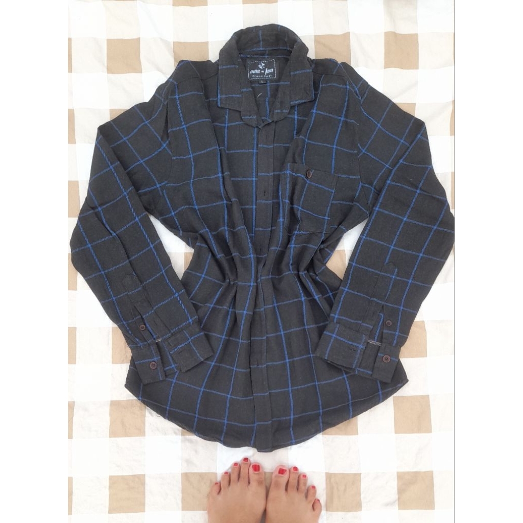 prelove peribadi atasan kemeja wanita kotak kotak navy