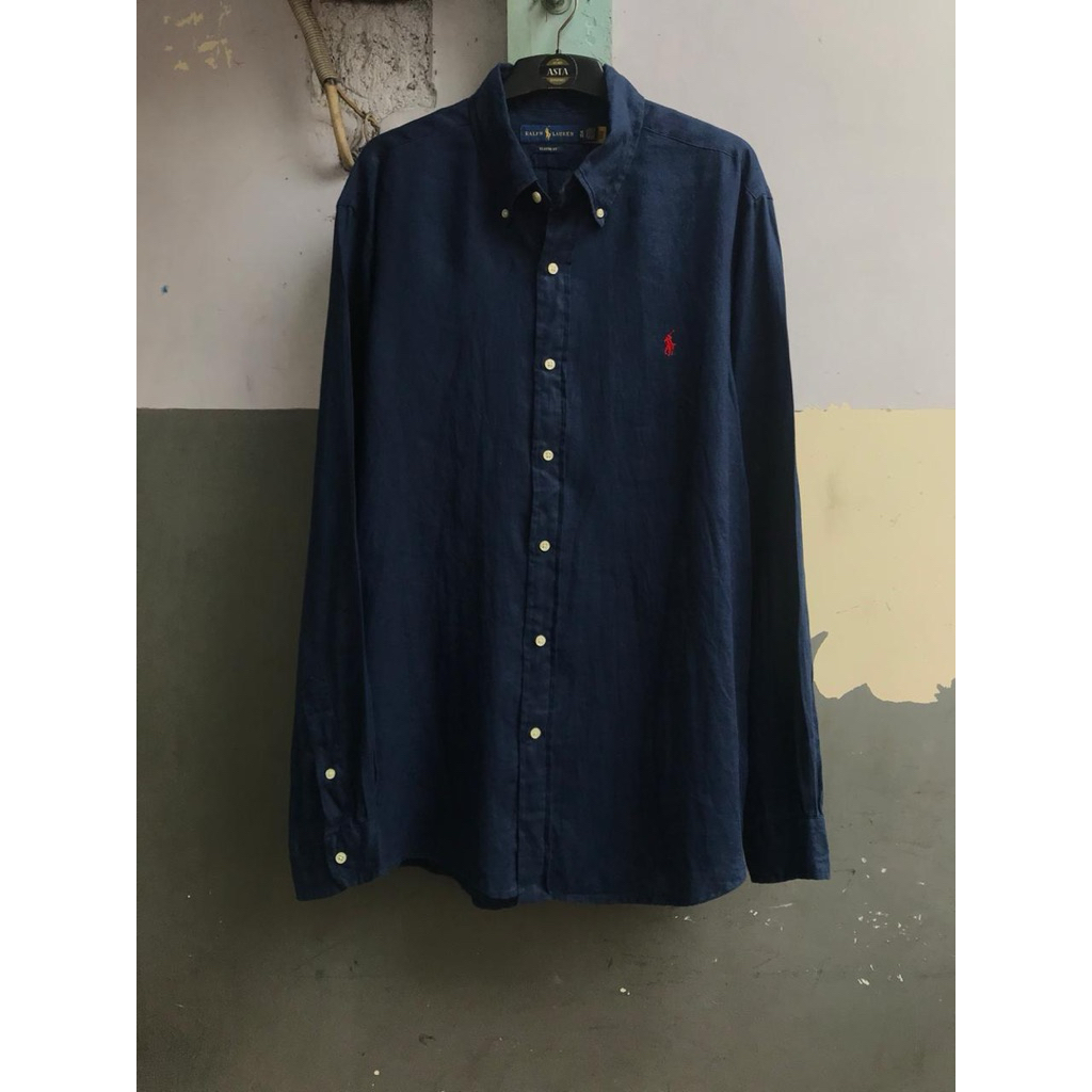 kemeja Ralph Lauren navy polos linen lengan panjang preloved