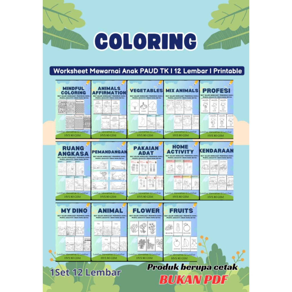 Worksheet Mewarnai Anak PAUD TK SD |~12 lembar~|Printable