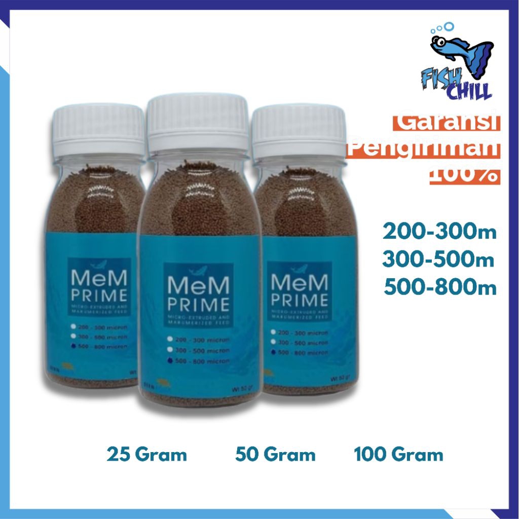 MEM PRIME 200-300-500-800 Micron 100g 50g 25g Pelet Guppy Platy Molly Cupang Ikan Kecil Makanan Arte