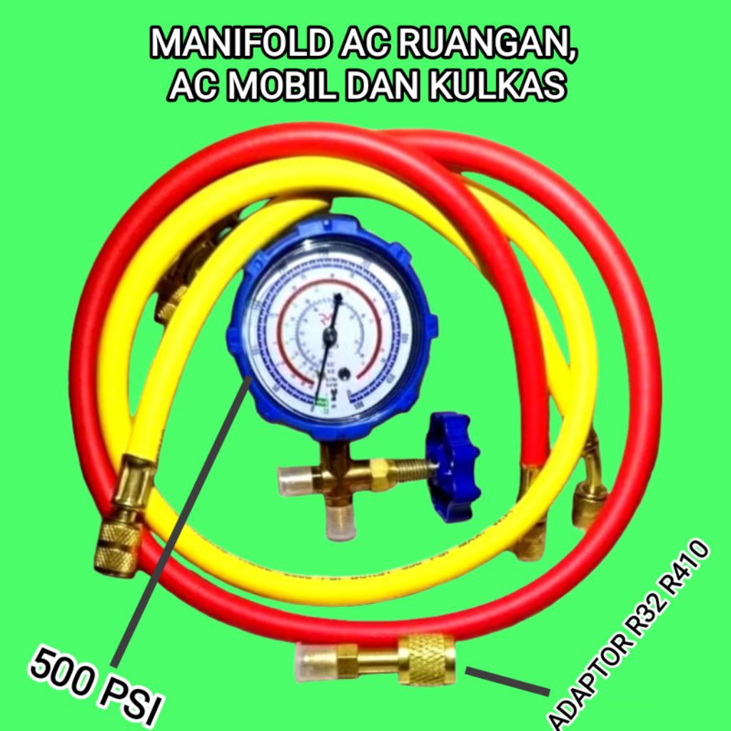 MANIFOLD AC dan KULKAS SINGGEL MULTI 500 PSI  PREON R410, R32, R22, R134, R600  PLUS SELANG 2 PCS DA