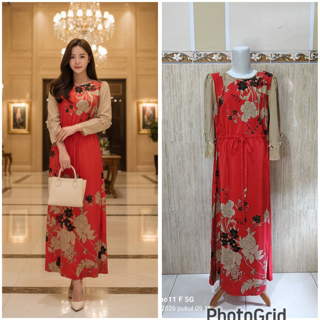 Dress/gamis warna merah mix cream dengan motif bunga timbul di lengan panjang