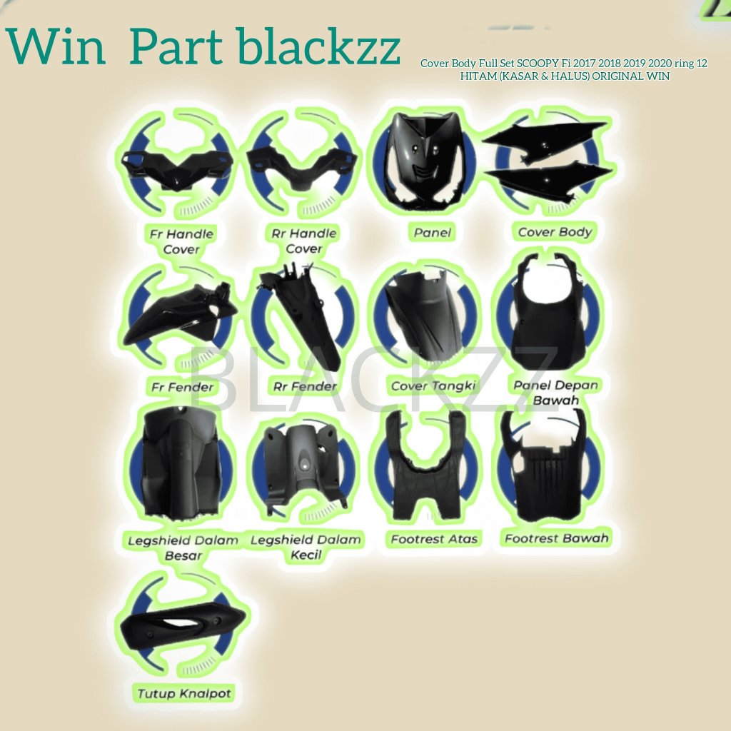 Cover Body Full Set SCOOPY Fi 2017 2018 2019 2020 ring 12 HITAM (KASAR & HALUS) ORIGINAL WIN