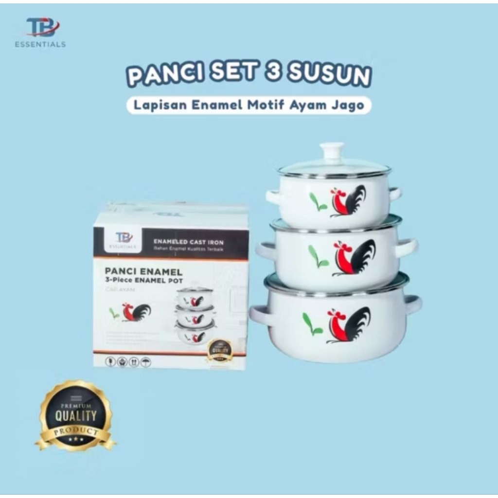 Panci 3 set motif ayam jago - Enamel, motif vintage unik, mudah di bersihkan