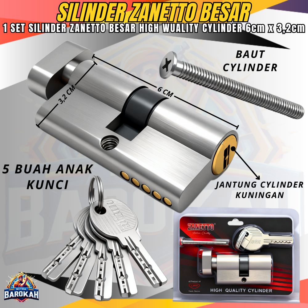Cylinder Knop Pintu Besar 6x3.2cm Jantung Silinder Kuningan ZANETTO 5 Anak Kunci Original Zanetto Ku