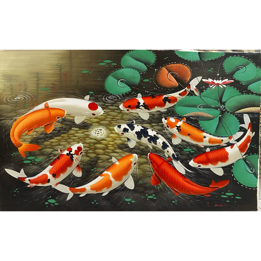 Lukisan Ikan Koi 9 Land scapeLukisan Canvas Asli, Lukisan Bali, Hiasan dinding, Ukuran 135 x 85