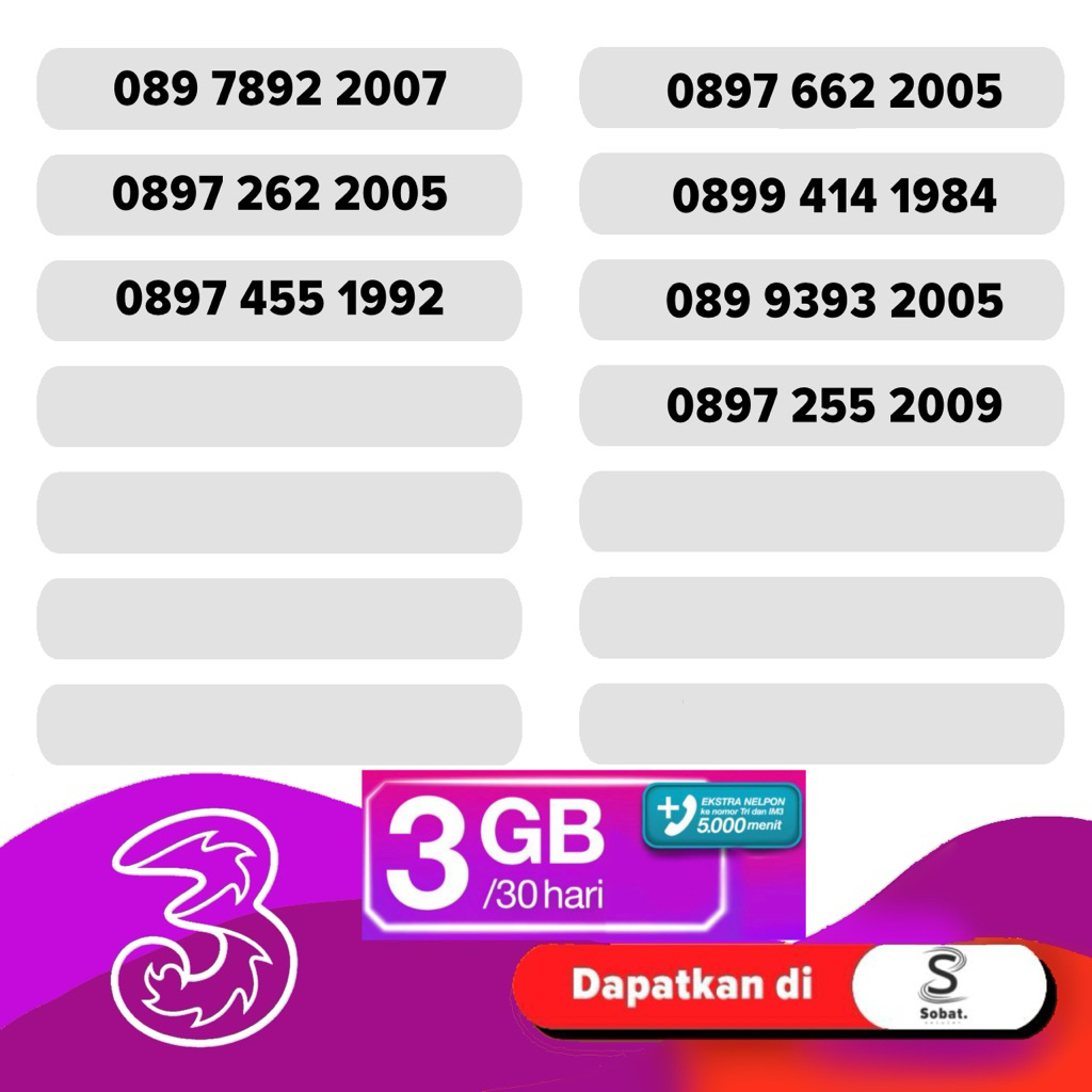 Kartu Perdana Nomor Cantik Tri Seri Tahun