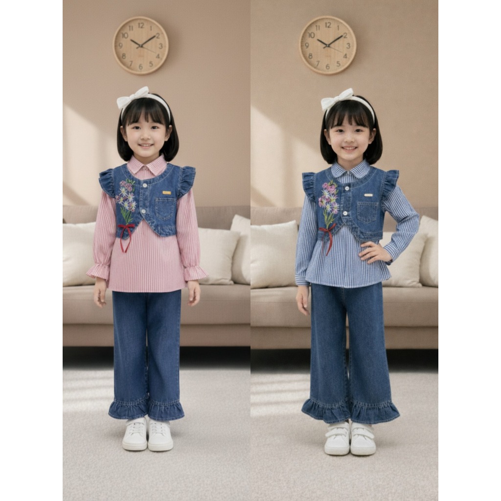 SETELAN Baju Anak Perempuan SALUR MIX JEANS USIA 3 - 10 TAHUN / ONE SET KEMEJA PITA JEANS CELANA Kul