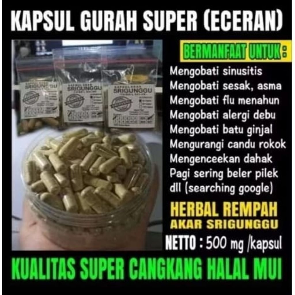 1 Kapsul Akar Srigunggu / Kapsul Gurah / Obat Gurah / Obat Herbal Sesak, Sinusitus, Flu Menahun