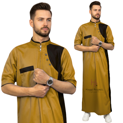 Baju Koko Jubah Gamis Pria Lengan Pendek Warna Gold Kuning Emas bahan toyobo premium