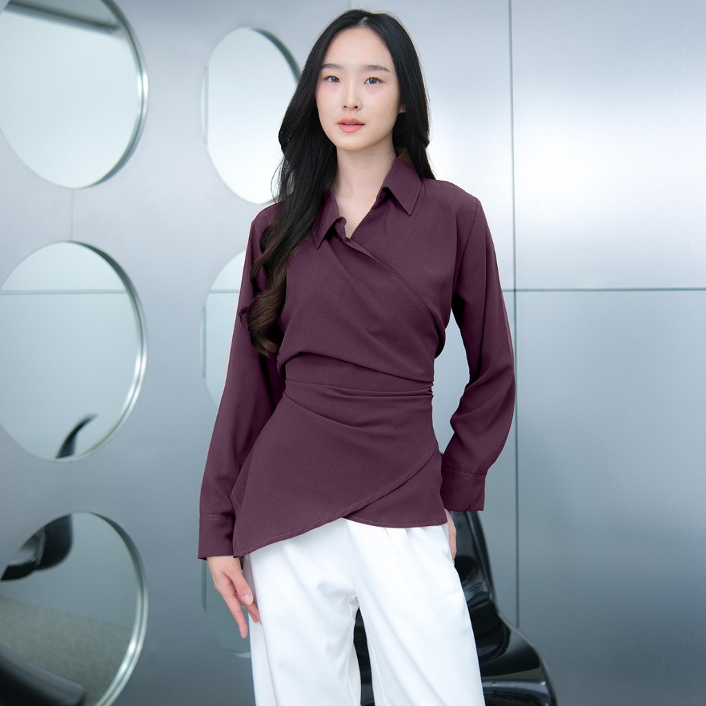 Lara Top – Kemeja Fitted Wanita Korean Style | Baju Atasan Casual Wanita Tali Pinggang