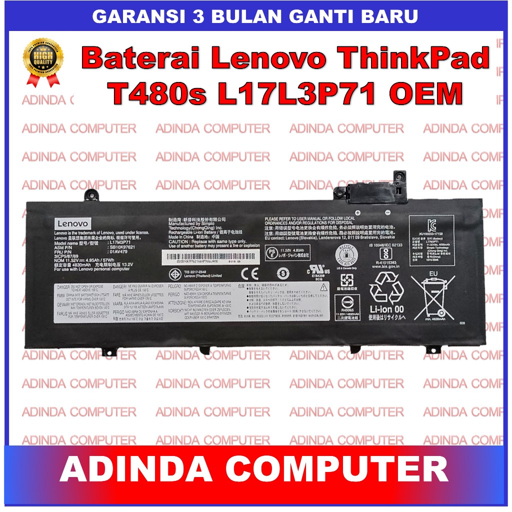Baterai Lenovo Thinkpad T480S 01AV478 01AV479 01AV480 L17L3P71 L17S3P71 SB10K97620