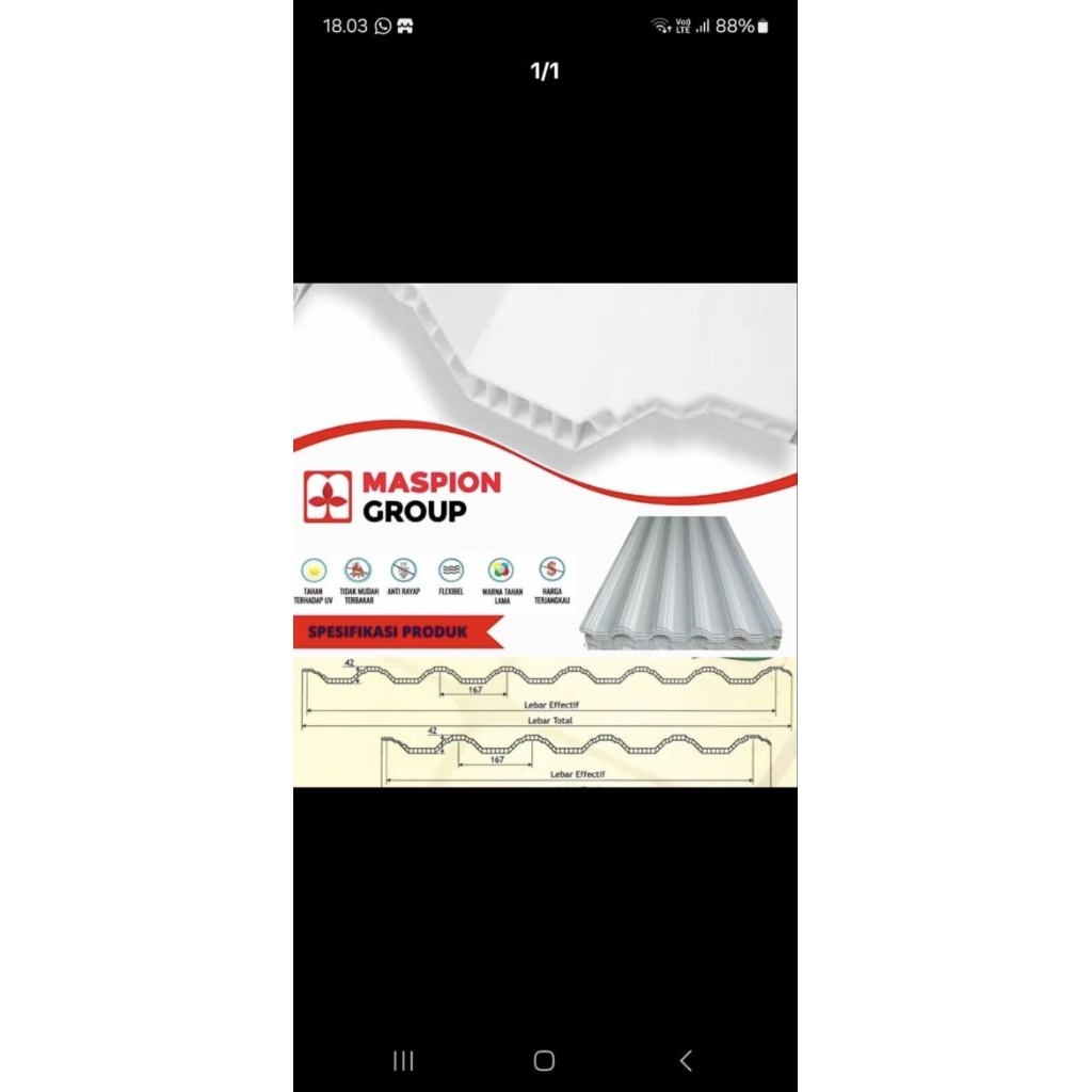 ATAP UPVC DL MASPION 84 KWALITAS GRADE A