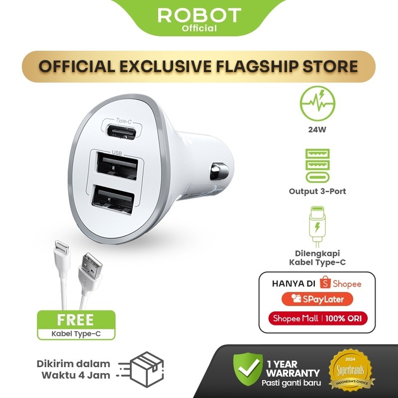ROBOT Car Charger 3 Port Fast Charging Mobil Type C Micro Adapter Charger Mobil RT-C08 Car Charger Colokan Mobil USB & Type C Opriginal - Garansi Resmi 1 Tahun