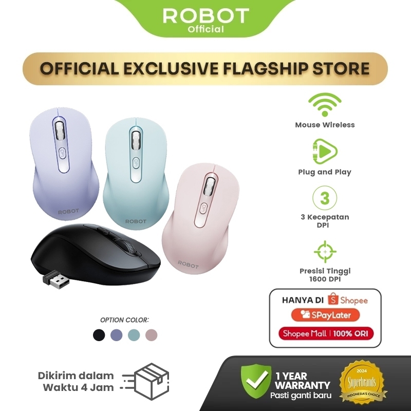 ROBOT Mouse Wireless 1600 DPI Mouse Bluetooth 2.4G Presisi Tinggi Plug & Play Klik 3 Juta Kali Optic