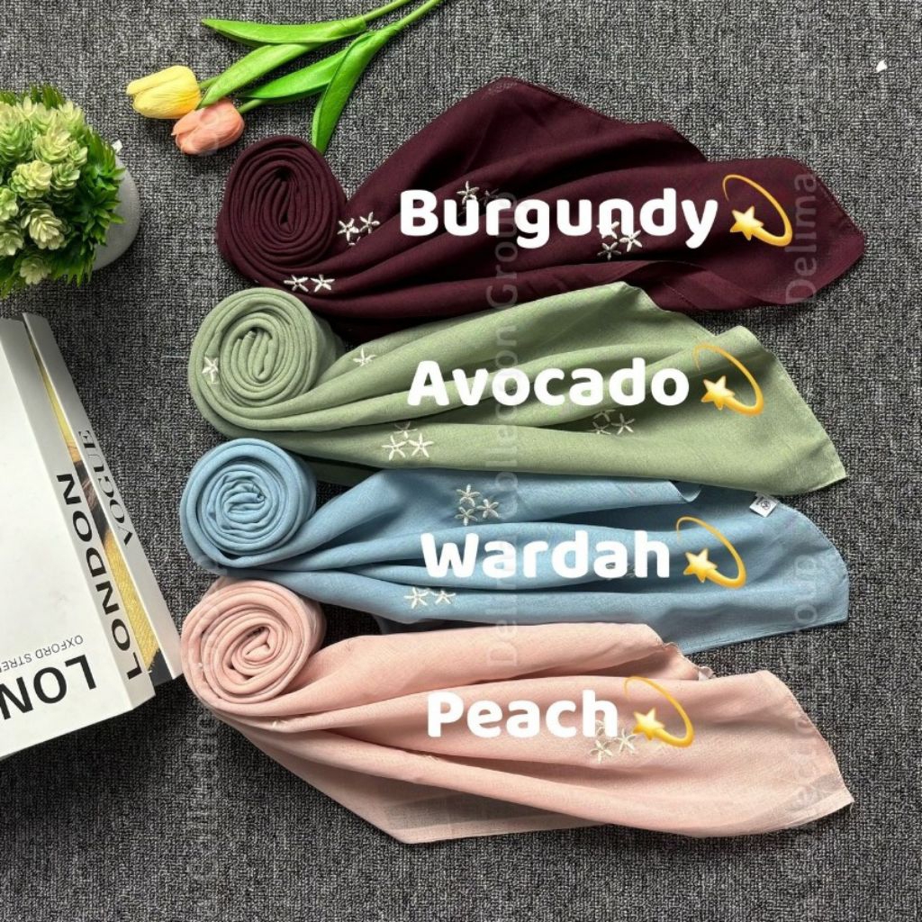 hijab segi empat paris motif bordir bintang/segi empat bordit bordir