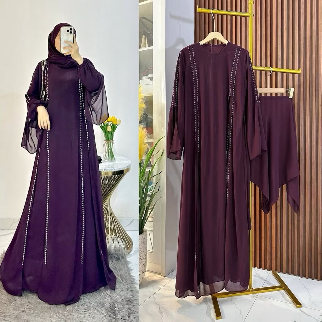 Gamis abaya ceruty baby doll + hijab / Gamis syari variasi payet swarovski / Gamis abaya lebaran 202