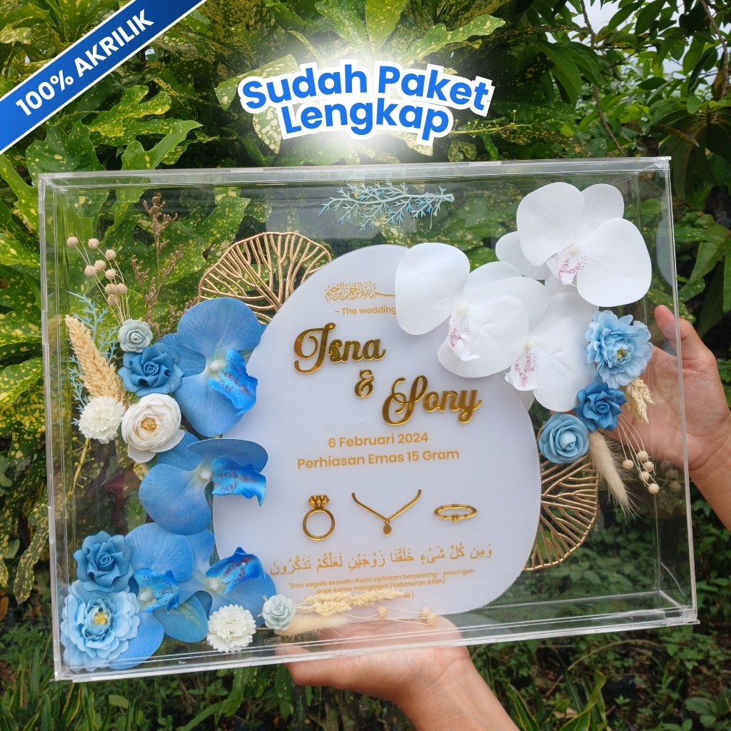 CUSTOM BINGKAI MAHAR PERNIKAHAN FULL AKRILIK 30X40cm BUNGA DRIED + ARTIFICIAL PREMIUM - FREE REPLIKA