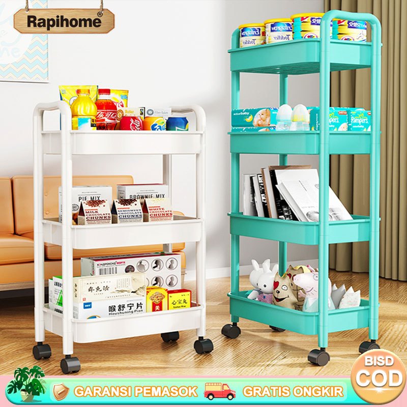 RAPIHOME Rak Susun Serbaguna Rak Troli Plastik  3/4 Susun Untuk Kamar/Kos/Dapur Ada Roda