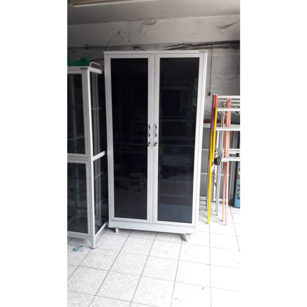 Lemari pakaian Alumunium / Lemari Baju Alumunium Type 2 Pintu Alumunium Super Rangka Silver Kaca Rib