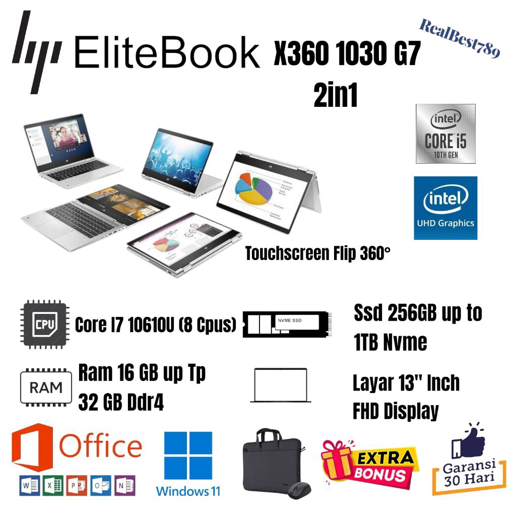 Laptop HP Elitebook X360 1030 G7 Intel Core i7 RAM 32GB SSD 1TB Layar Display 13.5inch FHD IPS Panel