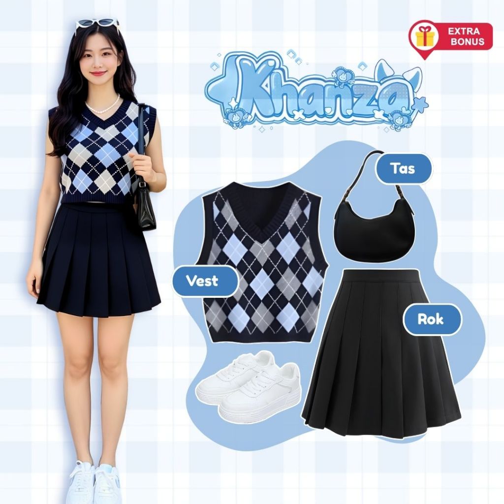 One Set 3in1 vest rompi diamond rok pendek tennis rampel shoulder bag tas tenteng | outfit cewek mod