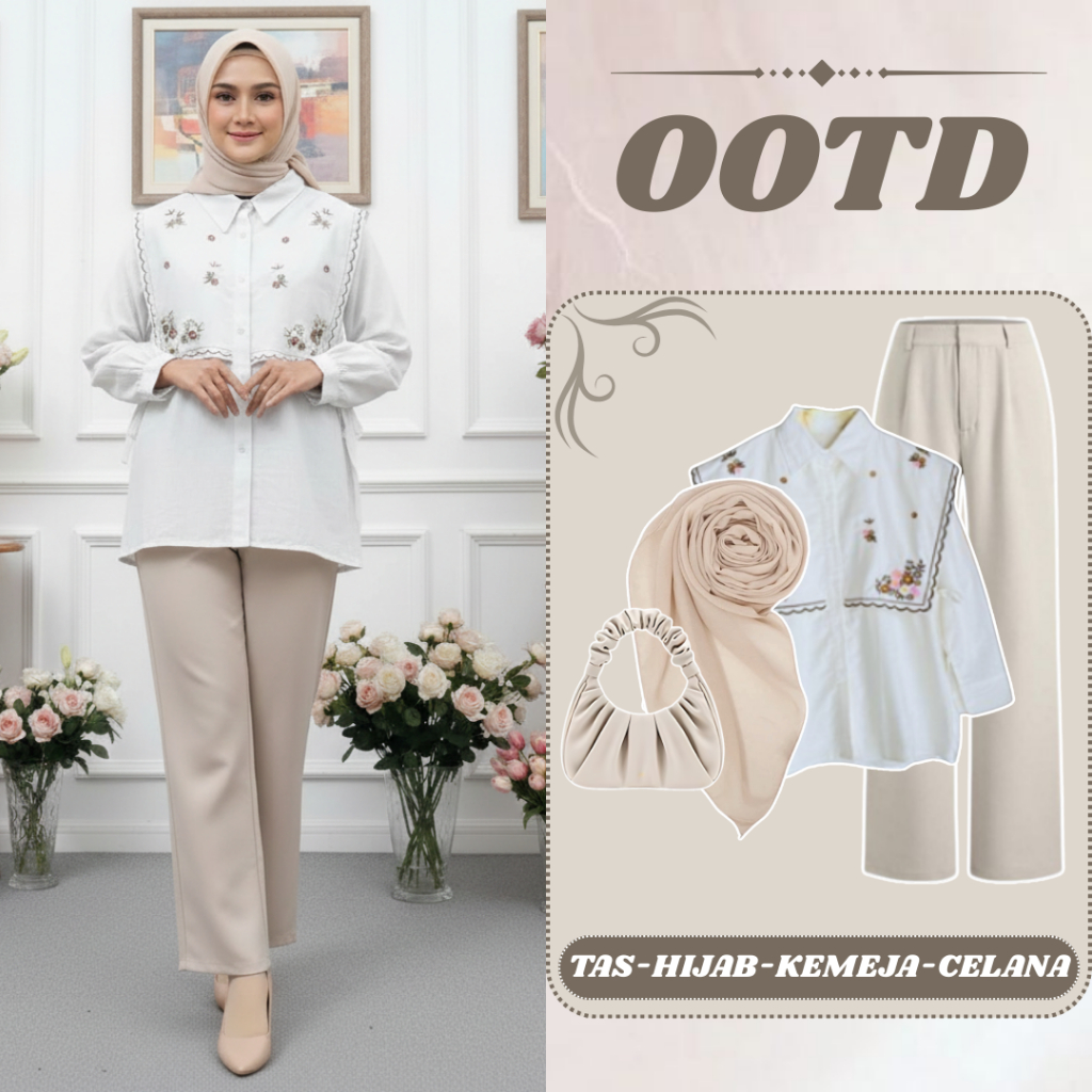 Outfit Hijab OOTD Kekinian Terbaru (TAS-HIJAB-KEMEJA-CELANA),Setelan Remaja Dewasa Kekinian FSA49