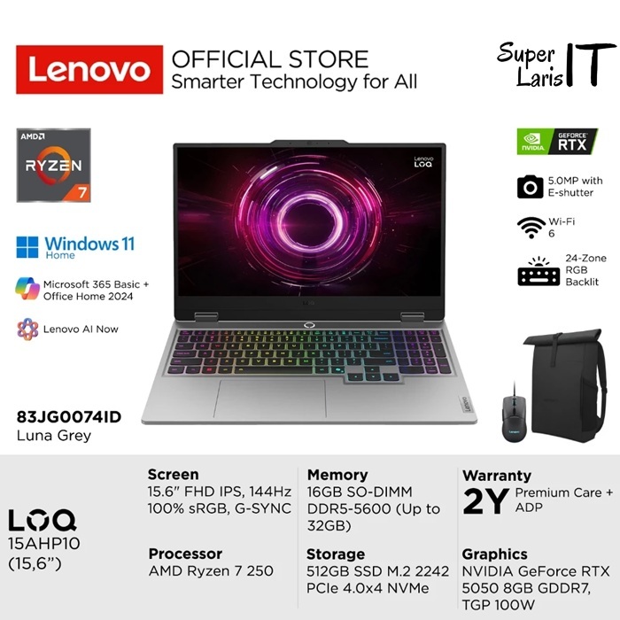 Laptop Lenovo LOQ 15AHP10 74ID AMD Ryzen 7 R7 250 ram 16GB ssd 512GB RTX 5050 15.6 IPS 144Hz W11 OHS