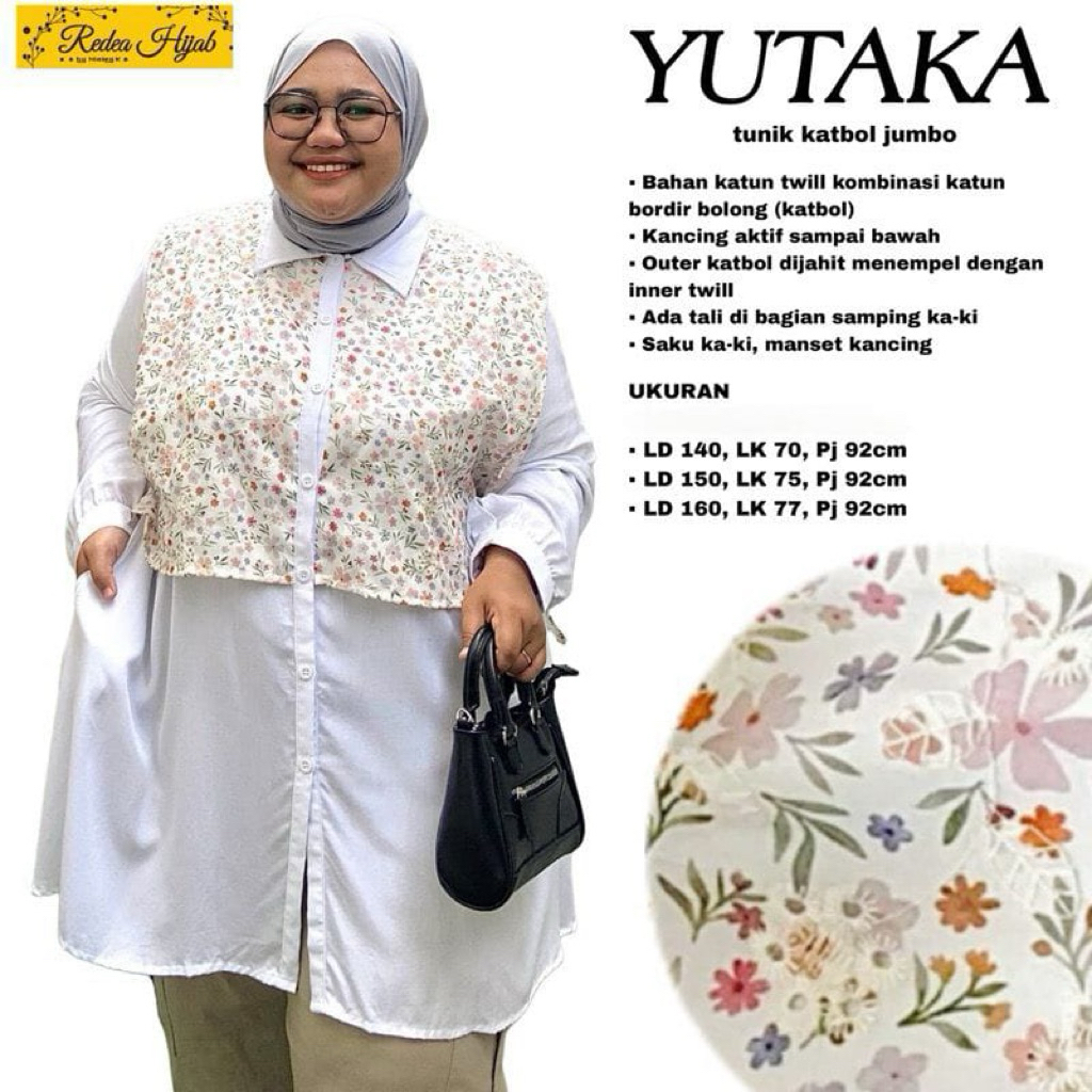 Atasan Wanita Muslimah Yutaka Jumbo Tunik Bahan Twill Kombi Katun Bolong Motif Bunga LD120-160