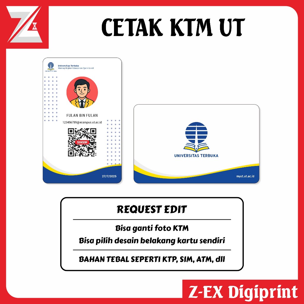 Cetak KTM UT - ID Name Tag 2 Sisi Universitas Terbuka